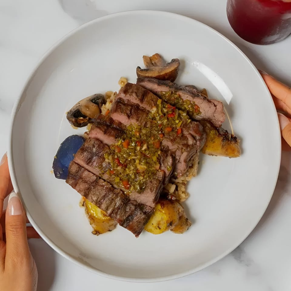 Kairos Jax steak with chimichurri, roasted potatoes, mushrooms, and purple potatoes on a white plate.