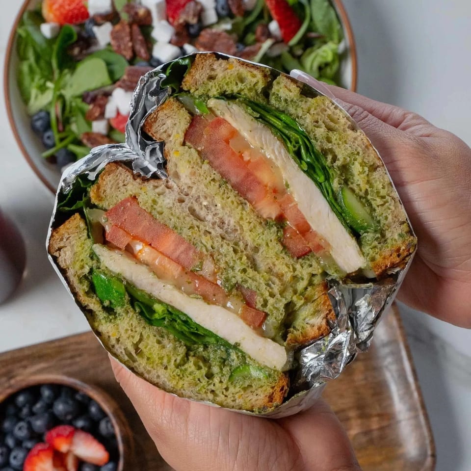 Hands holding a Kairos Jax sandwich with chicken, tomato, and greens, with a salad in the background.
